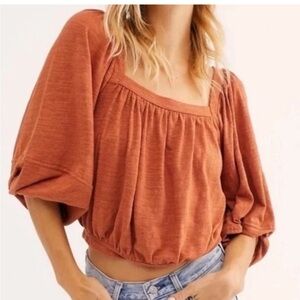 NEW FREE PEOPLE Bubble Sleeve Crop Top Terracotta Orange Sz S Boho Fall Cropped